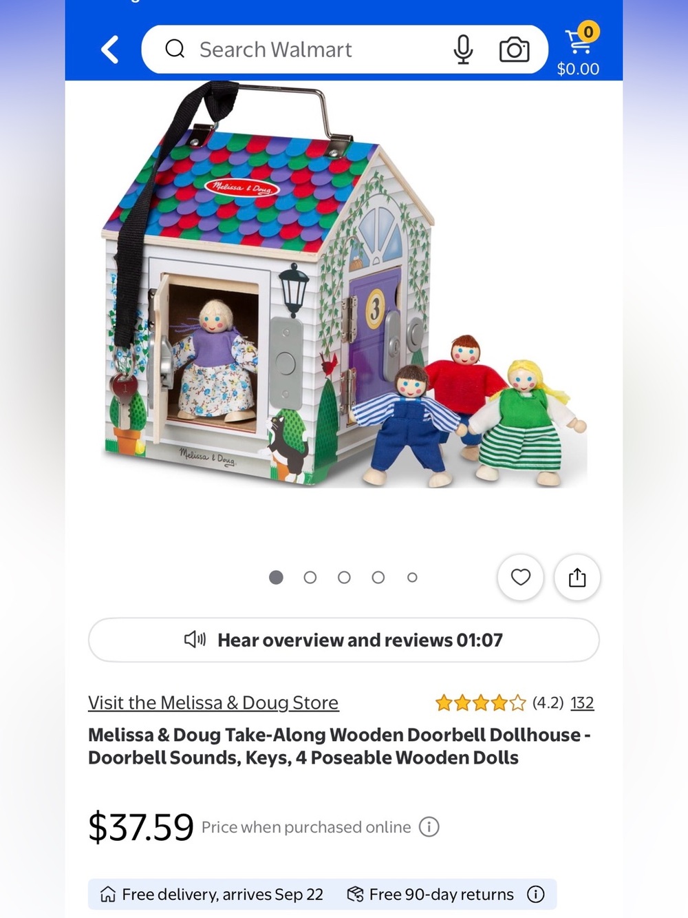 Melissa & Doug Wooden Dollhouse Play Set with Multicolor Roof and Pastel Dolls